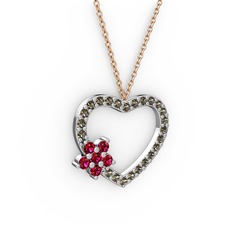 Rodolit garnet ve dumanlı kuvars 18 ayar beyaz altın kolye (40 cm rose altın rolo zincir)