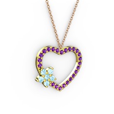 Akuamarin ve ametist 14 ayar altın kolye (40 cm rose altın rolo zincir)