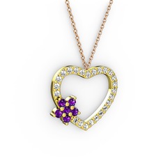 Ametist ve swarovski 925 ayar altın kaplama gümüş kolye (40 cm rose altın rolo zincir)