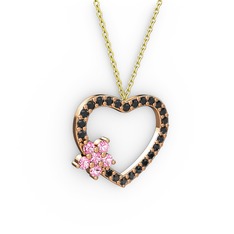 Pembe kuvars ve siyah zirkon 925 ayar rose altın kaplama gümüş kolye (40 cm gümüş rolo zincir)