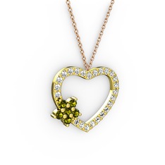 Maita Kalp Kolye - Peridot ve beyaz zirkon 14 ayar altın kolye (40 cm rose altın rolo zincir) #15pcpb3