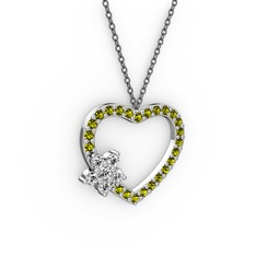Maita Kalp Kolye - Pırlanta ve peridot 14 ayar beyaz altın kolye (0.216 karat, 40 cm gümüş rolo zincir) #169rryw