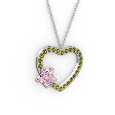 Maita Kalp Kolye - Pembe kuvars ve peridot 18 ayar beyaz altın kolye (40 cm beyaz altın rolo zincir) #187s9n0