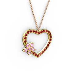 Maita Kalp Kolye - Pembe kuvars ve garnet 18 ayar altın kolye (40 cm rose altın rolo zincir) #18gtyza