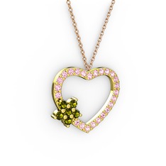 Maita Kalp Kolye - Peridot ve pembe kuvars 8 ayar altın kolye (40 cm rose altın rolo zincir) #19d8d73