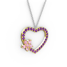 Maita Kalp Kolye - Pembe kuvars ve ametist 14 ayar altın kolye (40 cm beyaz altın rolo zincir) #19kt938