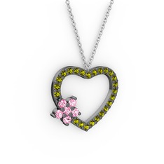 Maita Kalp Kolye - Pembe kuvars ve peridot 925 ayar siyah rodyum kaplama gümüş kolye (40 cm beyaz altın rolo zincir) #19z73kh