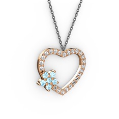 Akuamarin ve pırlanta 18 ayar rose altın kolye (0.36 karat, 40 cm gümüş rolo zincir)