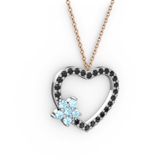 Maita Kalp Kolye - Akuamarin ve siyah zirkon 18 ayar beyaz altın kolye (40 cm rose altın rolo zincir) #1cg3z71