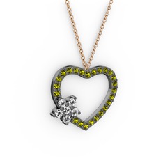 Pırlanta ve peridot 925 ayar siyah rodyum kaplama gümüş kolye (0.216 karat, 40 cm rose altın rolo zincir)