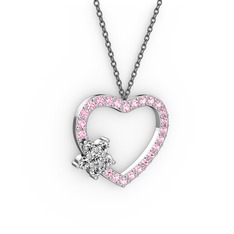 Maita Kalp Kolye - Swarovski ve pembe kuvars 8 ayar beyaz altın kolye (40 cm gümüş rolo zincir) #1dlfwzp