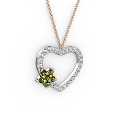 Peridot ve beyaz zirkon 18 ayar beyaz altın kolye (40 cm rose altın rolo zincir)