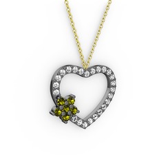 Maita Kalp Kolye - Peridot ve beyaz zirkon 925 ayar siyah rodyum kaplama gümüş kolye (40 cm gümüş rolo zincir) #1eq7cz3