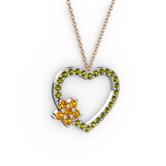 Sitrin ve peridot 8 ayar beyaz altın kolye (40 cm rose altın rolo zincir)
