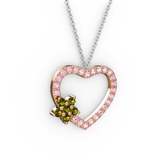 Peridot ve pembe kuvars 14 ayar rose altın kolye (40 cm beyaz altın rolo zincir)