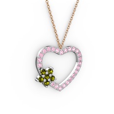 Maita Kalp Kolye - Peridot ve pembe kuvars 14 ayar beyaz altın kolye (40 cm rose altın rolo zincir) #1fnod04