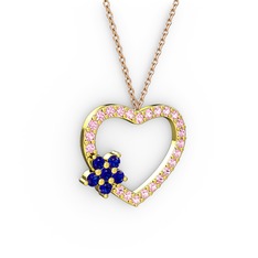 Lab safir ve pembe kuvars 18 ayar altın kolye (40 cm rose altın rolo zincir)