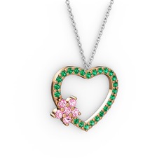 Pembe kuvars ve yeşil kuvars 8 ayar rose altın kolye (40 cm beyaz altın rolo zincir)