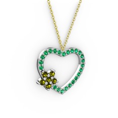 Peridot ve yeşil kuvars 8 ayar beyaz altın kolye (40 cm altın rolo zincir)