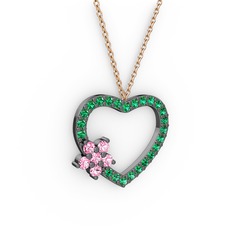 Maita Kalp Kolye - Pembe kuvars ve yeşil kuvars 925 ayar siyah rodyum kaplama gümüş kolye (40 cm rose altın rolo zincir) #1i310xr
