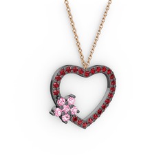 Maita Kalp Kolye - Pembe kuvars ve garnet 925 ayar siyah rodyum kaplama gümüş kolye (40 cm rose altın rolo zincir) #1itbt06