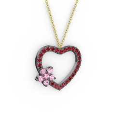Maita Kalp Kolye - Pembe kuvars ve garnet 925 ayar siyah rodyum kaplama gümüş kolye (40 cm gümüş rolo zincir) #1lagwbb
