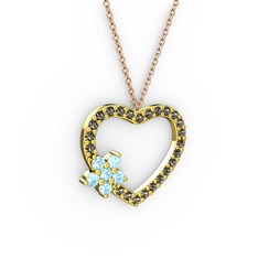 Maita Kalp Kolye - Akuamarin ve dumanlı kuvars 8 ayar altın kolye (40 cm rose altın rolo zincir) #1lvmsby