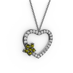 Maita Kalp Kolye - Peridot ve beyaz zirkon 925 ayar siyah rodyum kaplama gümüş kolye (40 cm gümüş rolo zincir) #1nedbpm