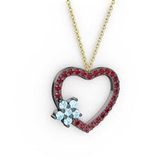 Akuamarin ve garnet 925 ayar siyah rodyum kaplama gümüş kolye (40 cm altın rolo zincir)