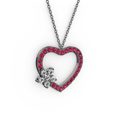 Pırlanta ve rodolit garnet 925 ayar siyah rodyum kaplama gümüş kolye (0.216 karat, 40 cm gümüş rolo zincir)