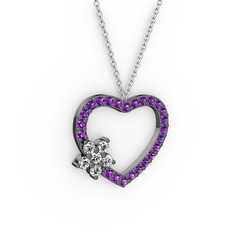 Maita Kalp Kolye - Pırlanta ve ametist 925 ayar siyah rodyum kaplama gümüş kolye (0.216 karat, 40 cm beyaz altın rolo zincir) #1uwehhr