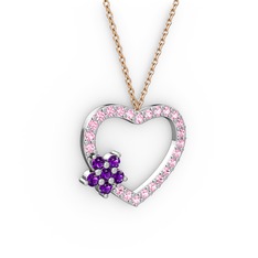 Maita Kalp Kolye - Ametist ve pembe kuvars 8 ayar beyaz altın kolye (40 cm rose altın rolo zincir) #1vxq4yl