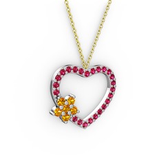 Maita Kalp Kolye - Sitrin ve rodolit garnet 18 ayar beyaz altın kolye (40 cm altın rolo zincir) #1wjdj18