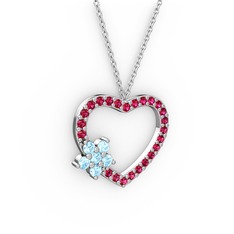 Akuamarin ve rodolit garnet 925 ayar gümüş kolye (40 cm beyaz altın rolo zincir)