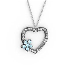 Maita Kalp Kolye - Akuamarin ve beyaz zirkon 925 ayar siyah rodyum kaplama gümüş kolye (40 cm gümüş rolo zincir) #1wwtfer