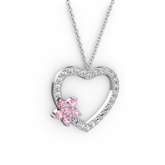 Pembe kuvars ve swarovski 14 ayar beyaz altın kolye (40 cm gümüş rolo zincir)