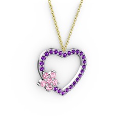 Pembe kuvars ve ametist 8 ayar beyaz altın kolye (40 cm gümüş rolo zincir)