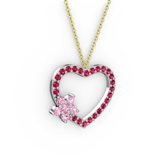 Maita Kalp Kolye - Pembe kuvars ve rodolit garnet 925 ayar gümüş kolye (40 cm altın rolo zincir) #335qnm
