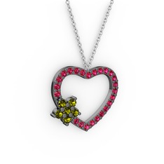 Maita Kalp Kolye - Peridot ve rodolit garnet 925 ayar siyah rodyum kaplama gümüş kolye (40 cm gümüş rolo zincir) #3l95db