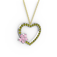 Pembe kuvars ve peridot 18 ayar beyaz altın kolye (40 cm altın rolo zincir)