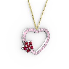 Rodolit garnet ve pembe kuvars 18 ayar beyaz altın kolye (40 cm altın rolo zincir)
