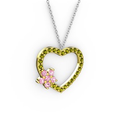 Maita Kalp Kolye - Pembe kuvars ve peridot 8 ayar altın kolye (40 cm gümüş rolo zincir) #4uyb91