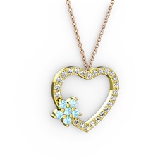 Akuamarin ve pırlanta 925 ayar altın kaplama gümüş kolye (0.36 karat, 40 cm rose altın rolo zincir)