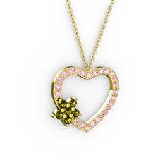 Maita Kalp Kolye - Peridot ve pembe kuvars 14 ayar altın kolye (40 cm gümüş rolo zincir) #501n63
