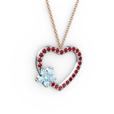 Maita Kalp Kolye - Akuamarin ve garnet 14 ayar beyaz altın kolye (40 cm rose altın rolo zincir) #6w09t7
