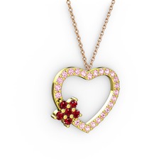 Garnet ve pembe kuvars 8 ayar altın kolye (40 cm gümüş rolo zincir)