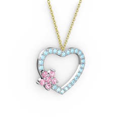 Maita Kalp Kolye - Pembe kuvars ve akuamarin 18 ayar beyaz altın kolye (40 cm altın rolo zincir) #781fq3