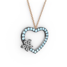 Maita Kalp Kolye - Swarovski ve akuamarin 925 ayar siyah rodyum kaplama gümüş kolye (40 cm rose altın rolo zincir) #7my9tk
