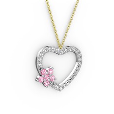 Maita Kalp Kolye - Pembe kuvars ve beyaz zirkon 18 ayar beyaz altın kolye (40 cm altın rolo zincir) #7p35qe