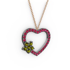 Maita Kalp Kolye - Peridot ve rodolit garnet 925 ayar siyah rodyum kaplama gümüş kolye (40 cm rose altın rolo zincir) #7vcged